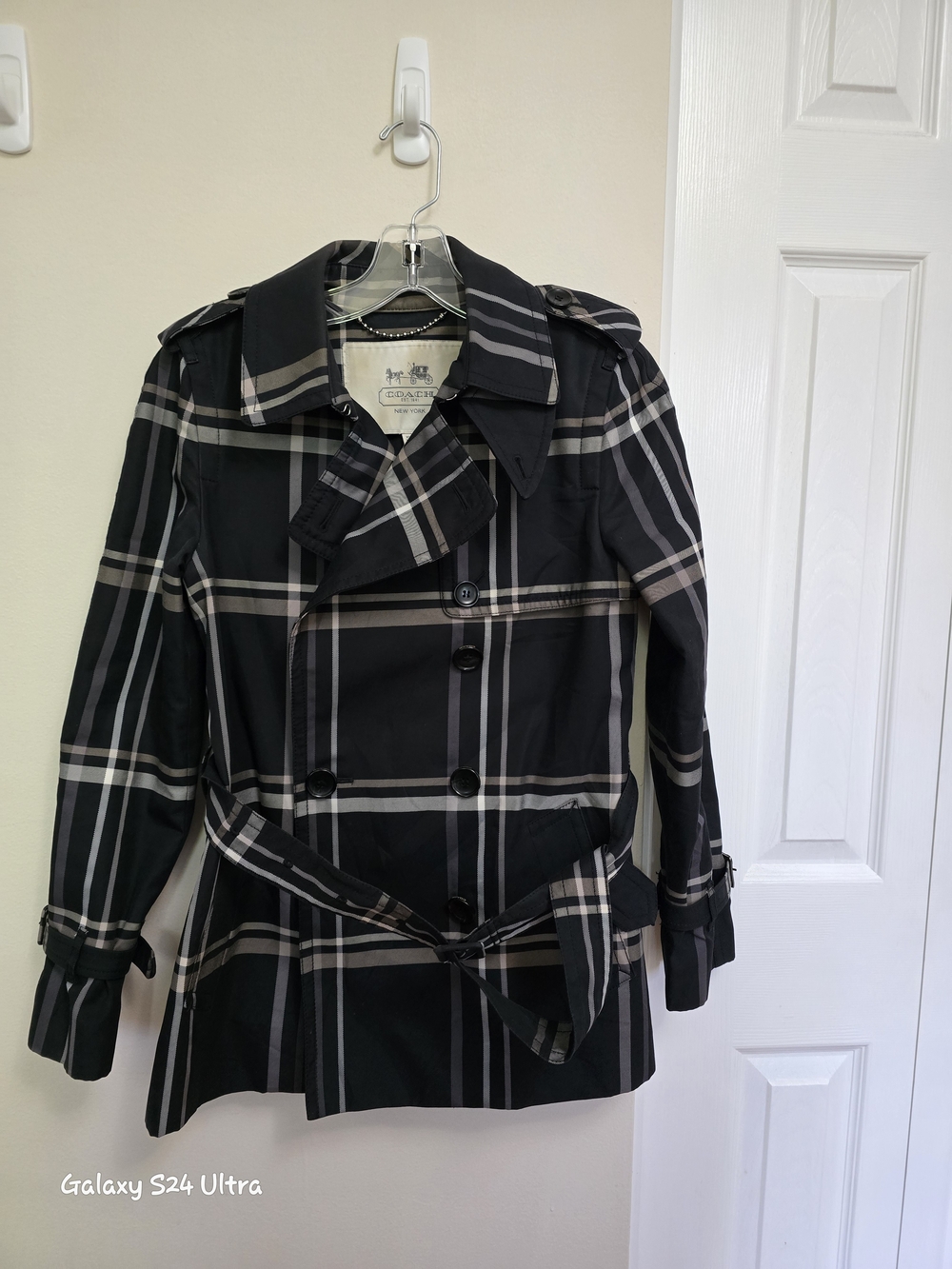 Coach Black Plaid Trench Coat with Gray Stripes - Picture 2 of 6